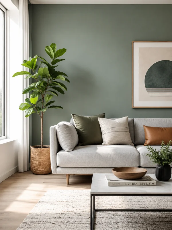 Cool sage and blue living room with comfortable modern sofa