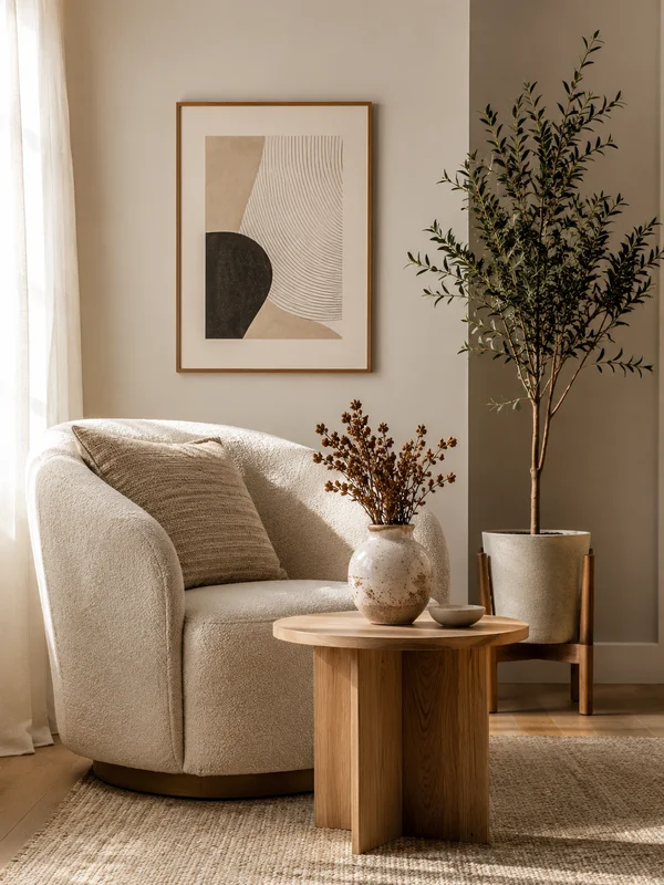 Calm bedroom with neutral white and khaki linen walls